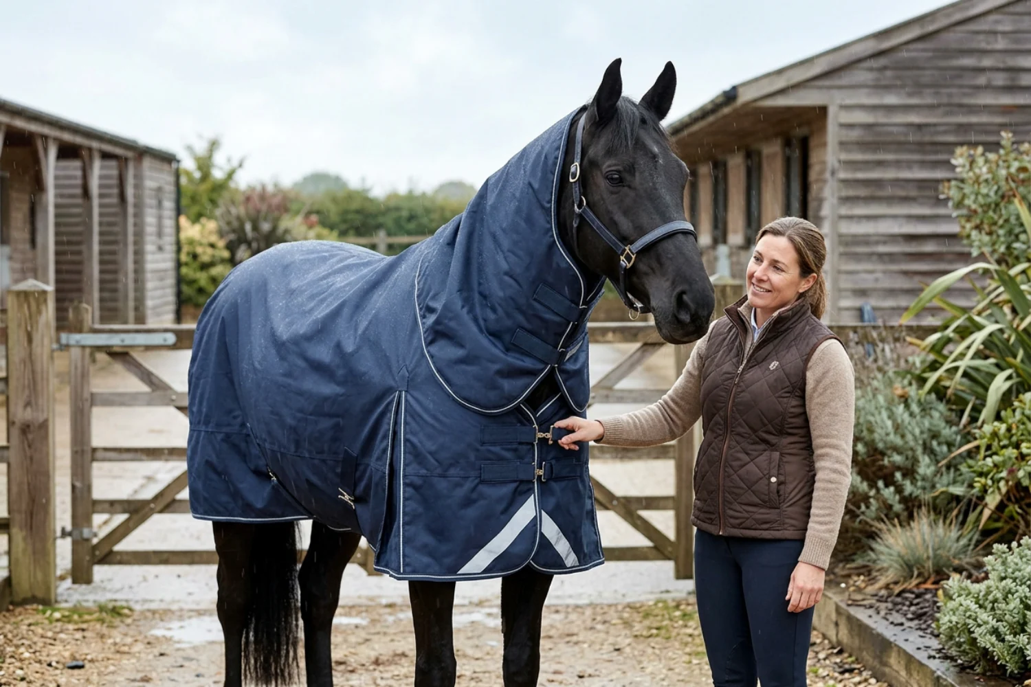 Pferd mit Regendecke auf der Weide