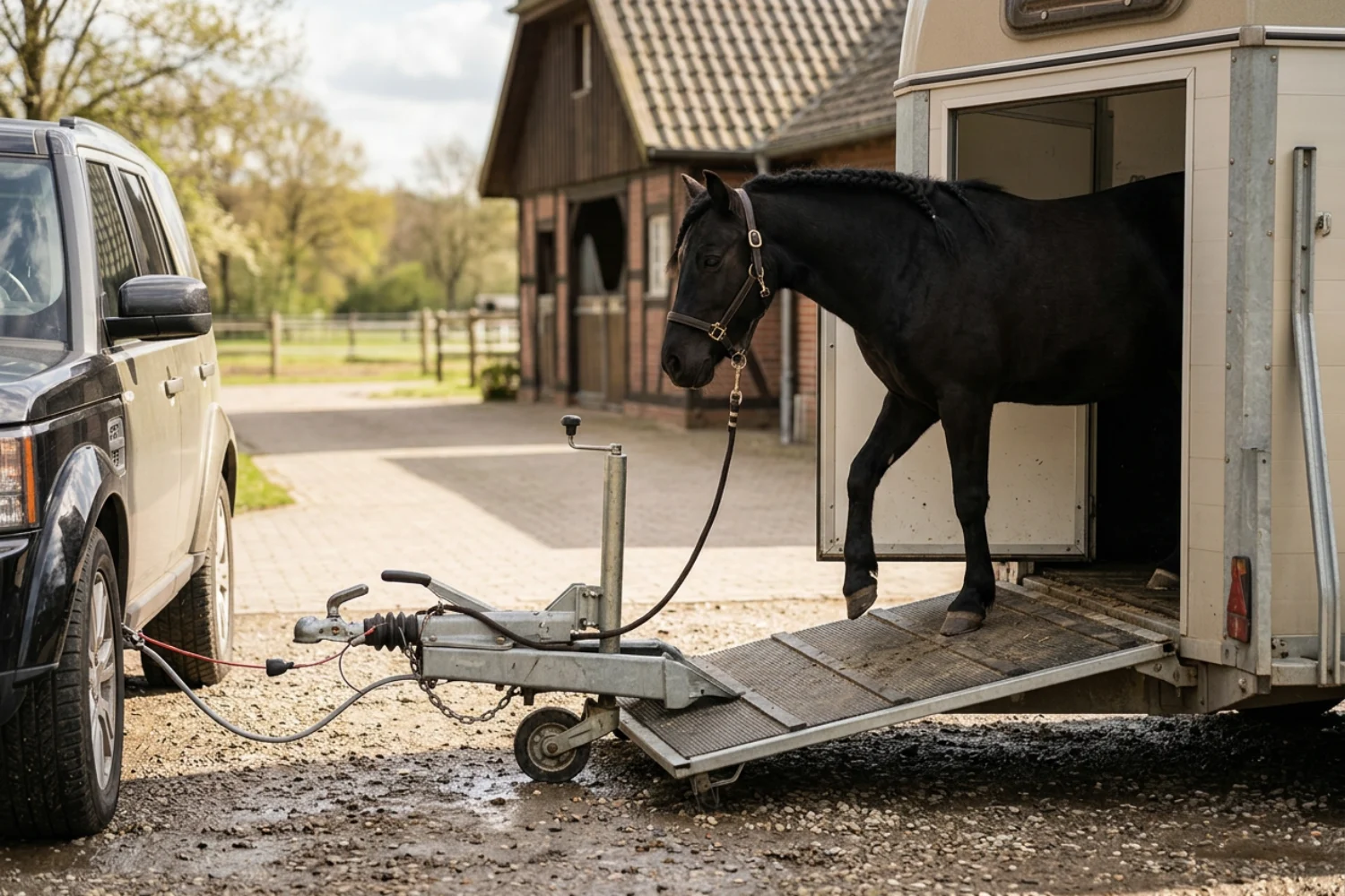 Pferd an einem Pferdeanhänger
