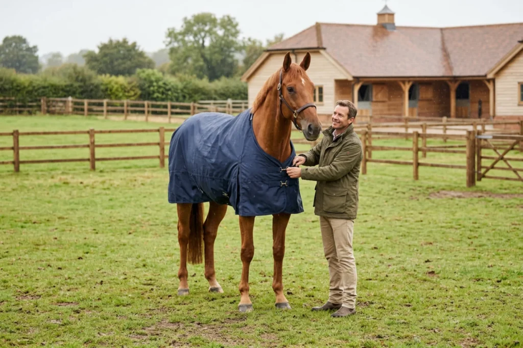 Pferd mit Regendecke auf der Weide