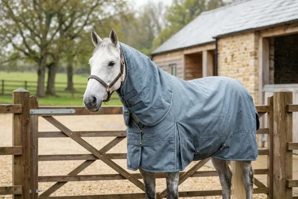 Pferd mit Regendecke auf der Weide