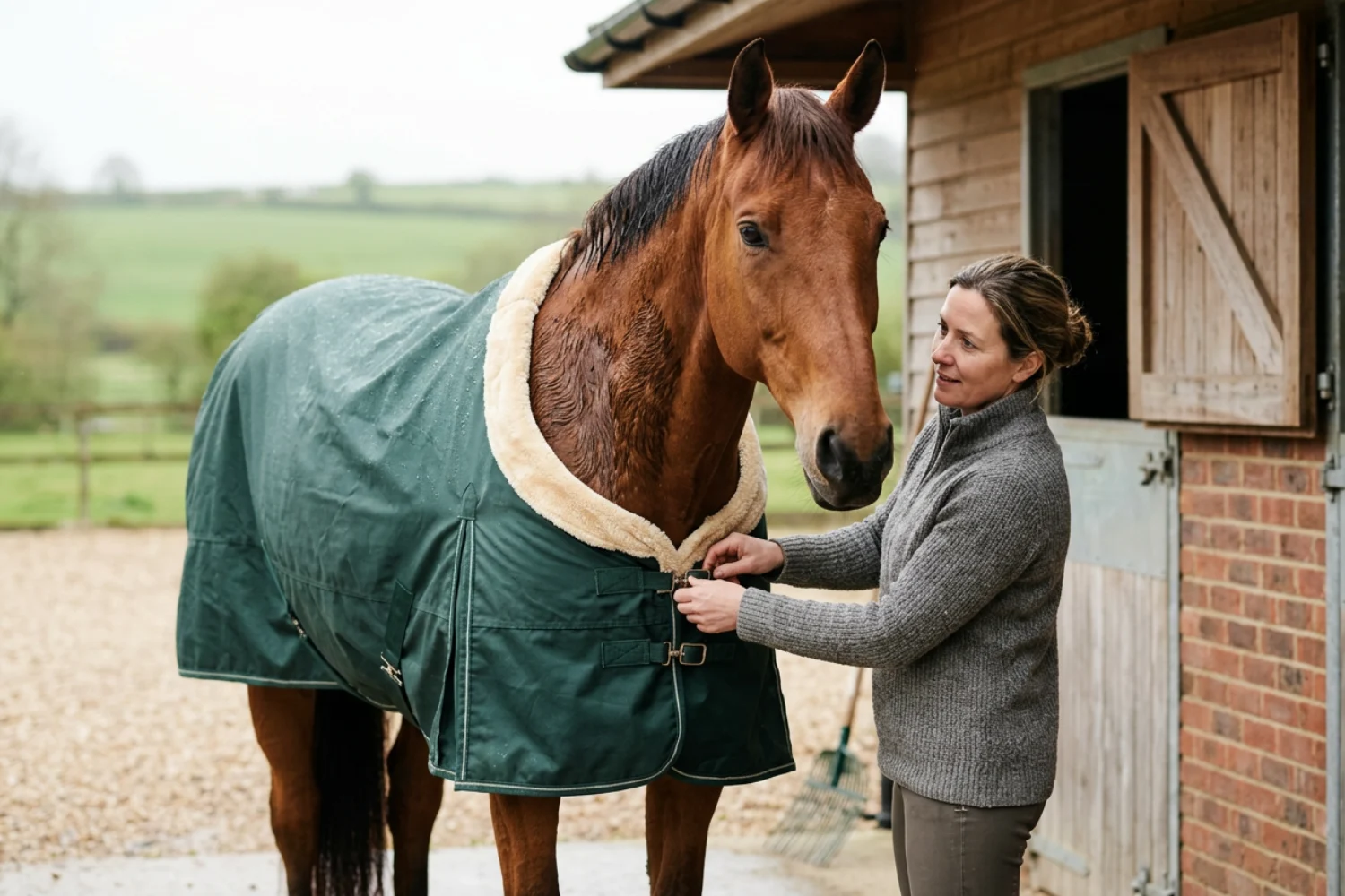 Pferd mit Regendecke auf der Weide