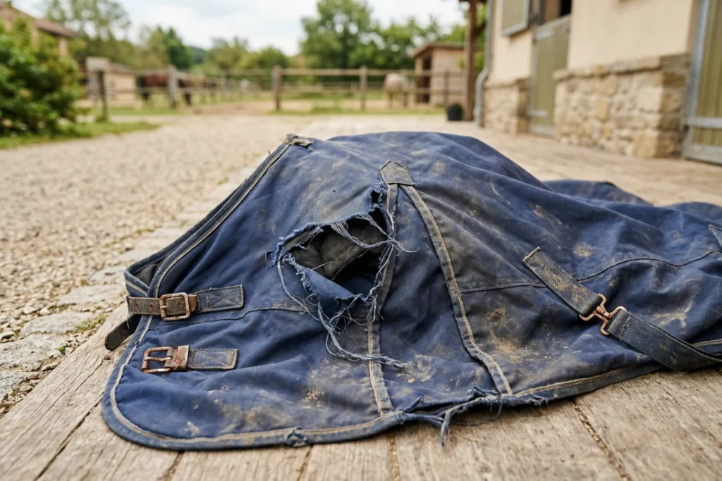 Pferd mit Regendecke auf der Weide
