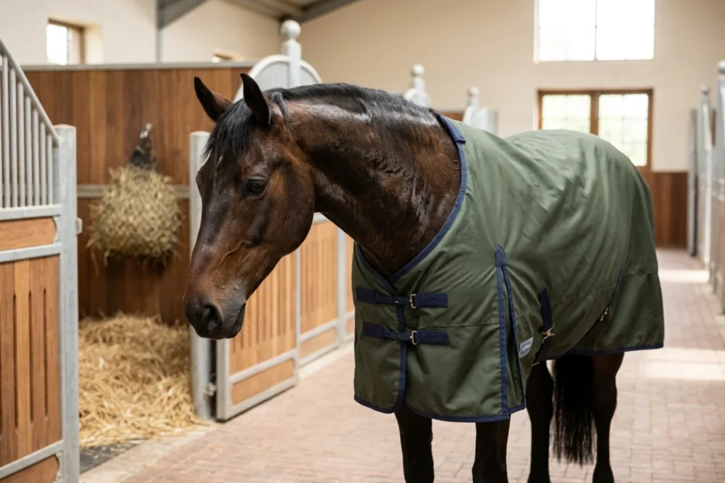 Pferd mit Regendecke auf der Weide