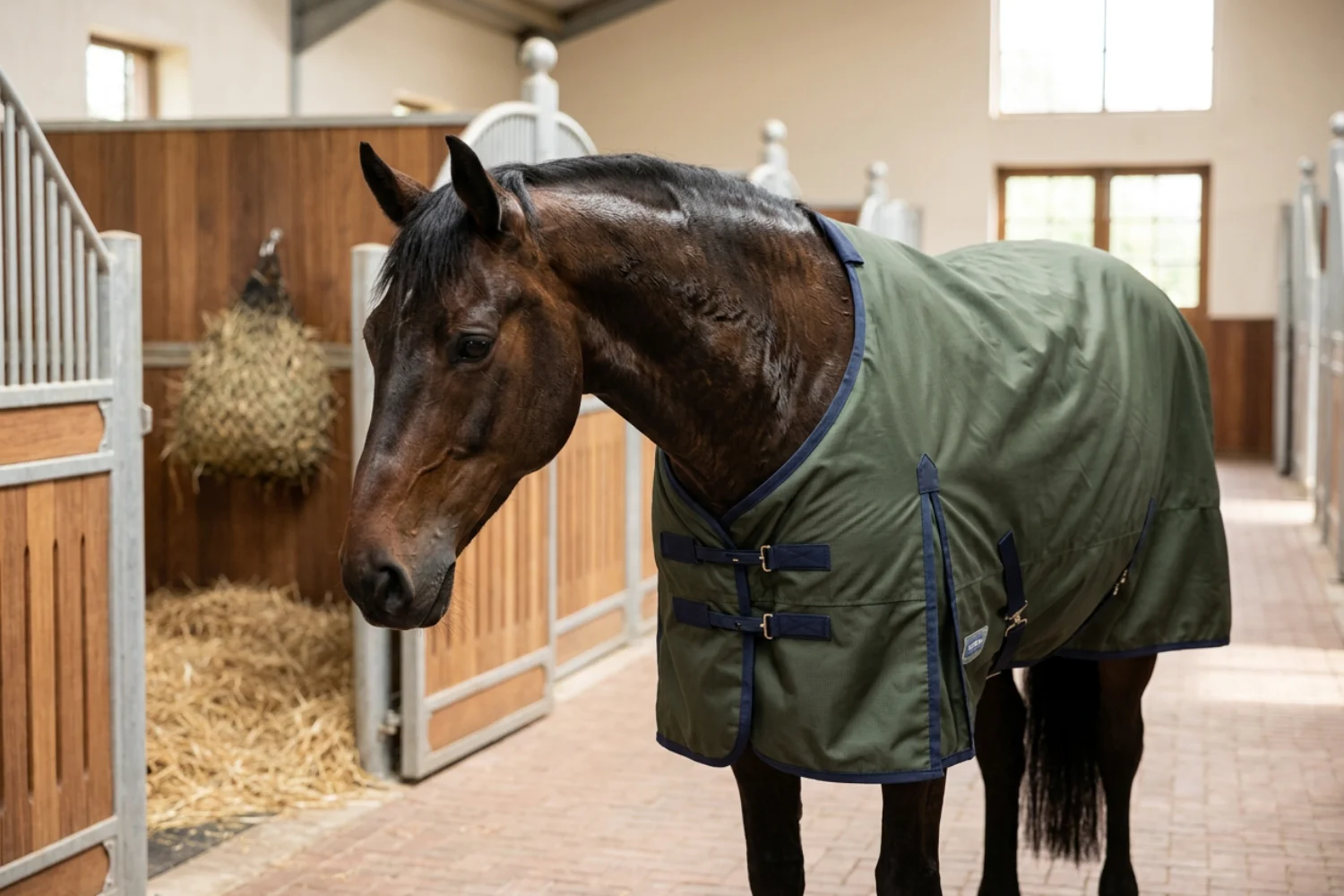 Pferd mit Regendecke auf der Weide