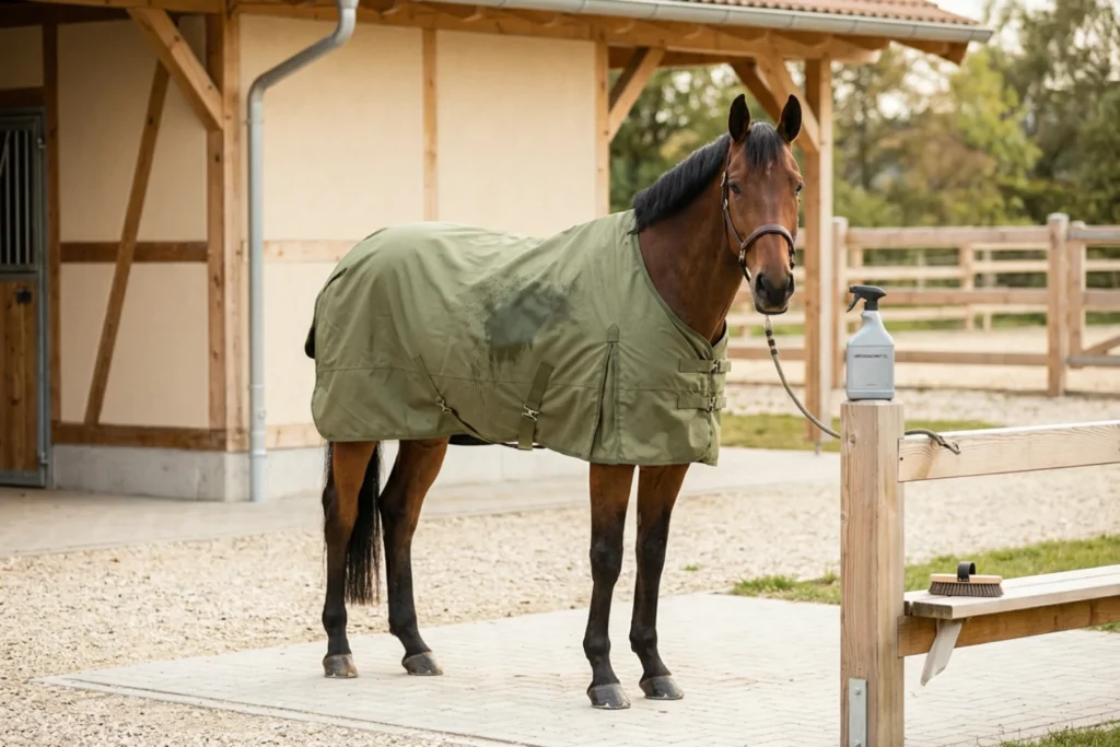 Pferd mit Regendecke auf der Weide