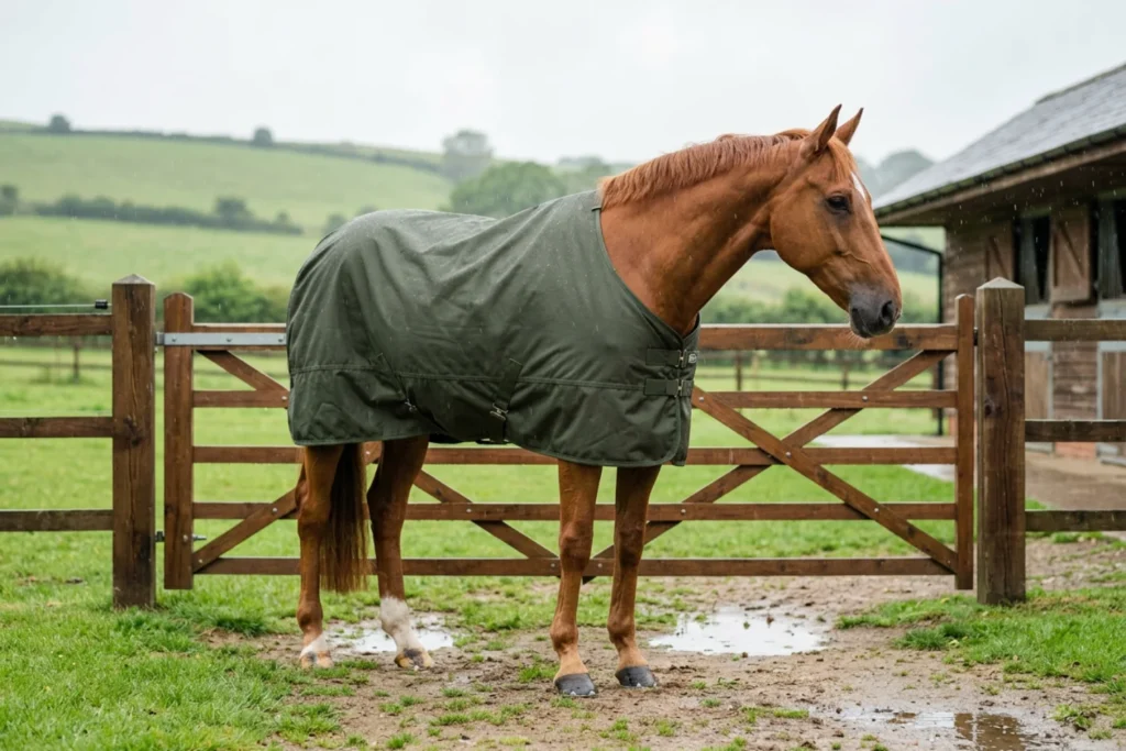 Pferd mit Regendecke auf der Weide