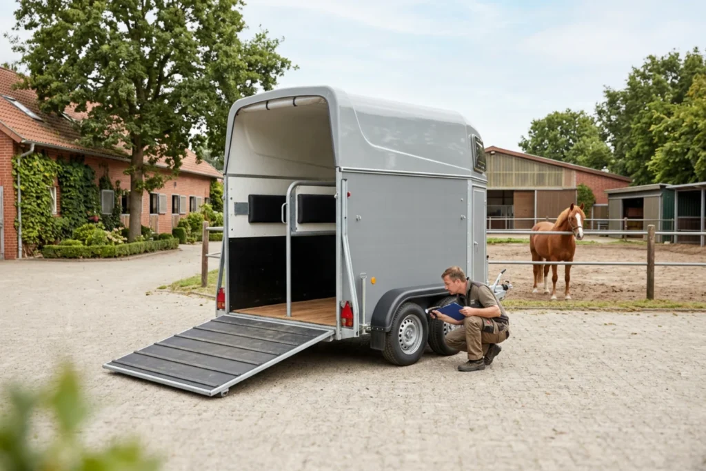 Pferd an einem Pferdeanhänger